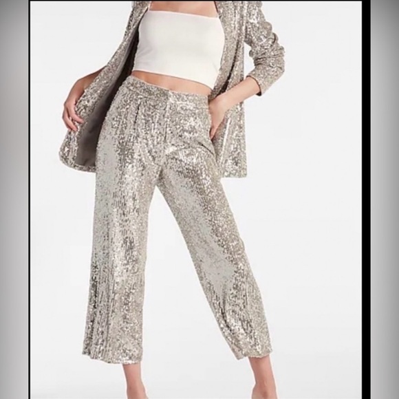 Express High Waist Sequin Pleated Cropped Trousers SZ XS - Picture 4 of 14